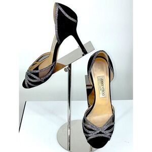 Jimmy Choo Logan 85 Black Suede‎ Silver Glitter D'Orsay Peep Toe Heels EU 36